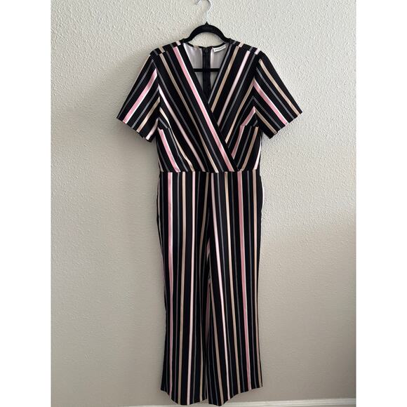 New York & Company Striped Black Pink Jumpsuit with Pockets Size Large - Picture 8 of 8